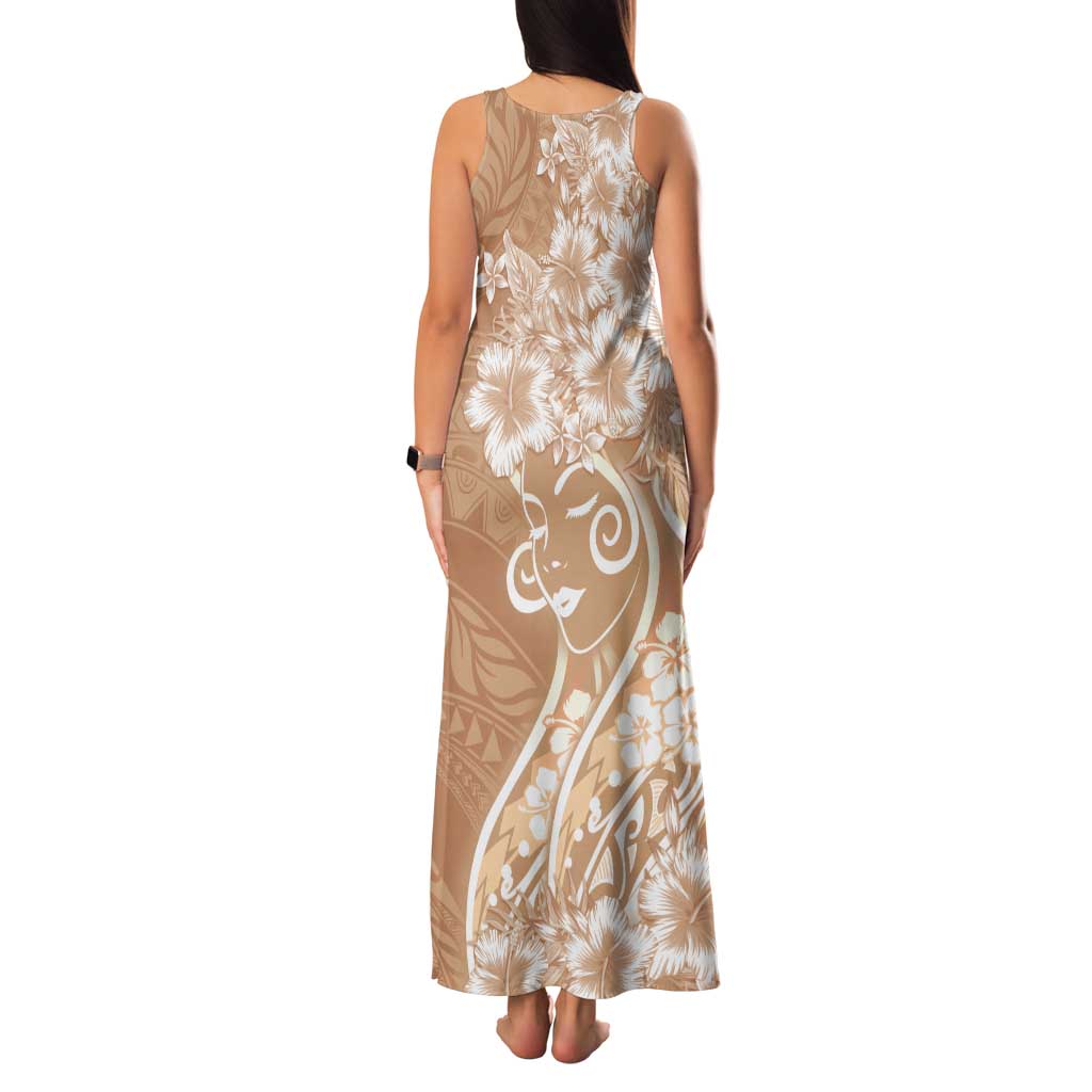 Polynesian Women's Day Tank Maxi Dress Brown Hibiscus Flowers With Polynesian Pattern