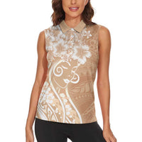 Polynesian Women's Day Women Sleeveless Polo Shirt Brown Hibiscus Flowers With Polynesian Pattern