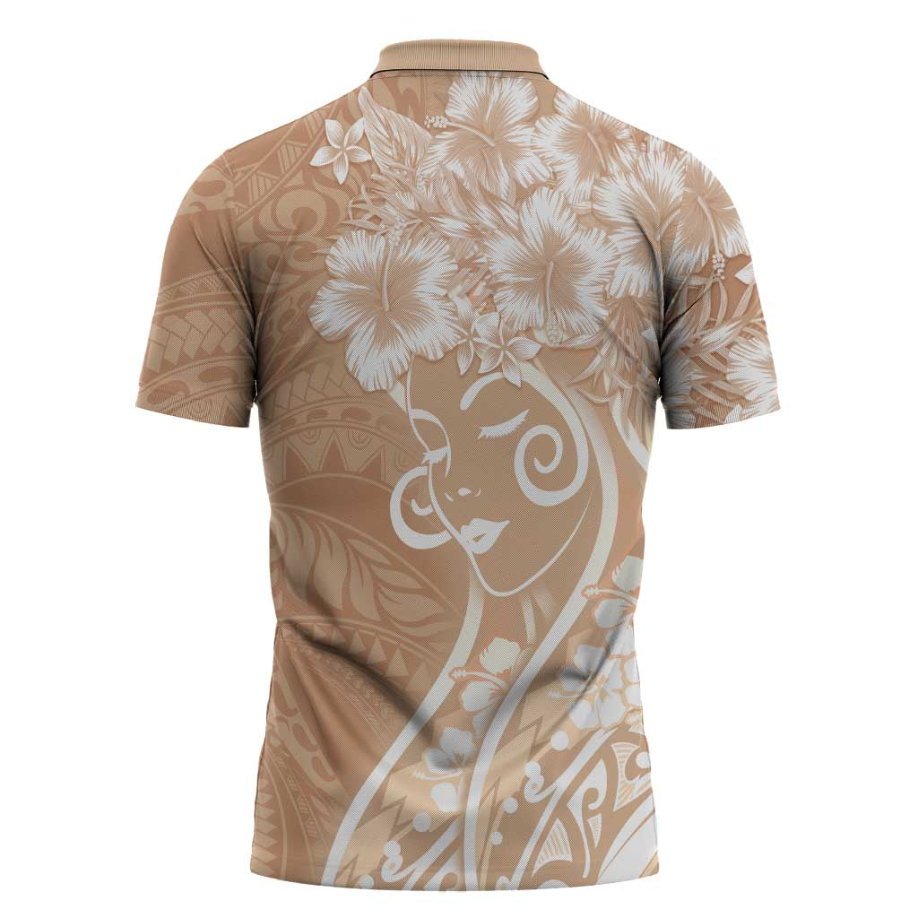 Polynesian Women's Day Zipper Polo Shirt Brown Hibiscus Flowers With Polynesian Pattern