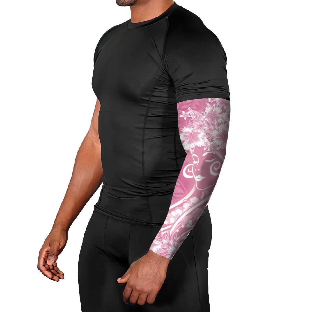Polynesian Women's Day Arm Sleeves Pink Hibiscus Flowers With Polynesian Pattern