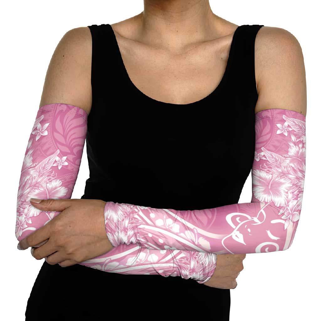 Polynesian Women's Day Arm Sleeves Pink Hibiscus Flowers With Polynesian Pattern