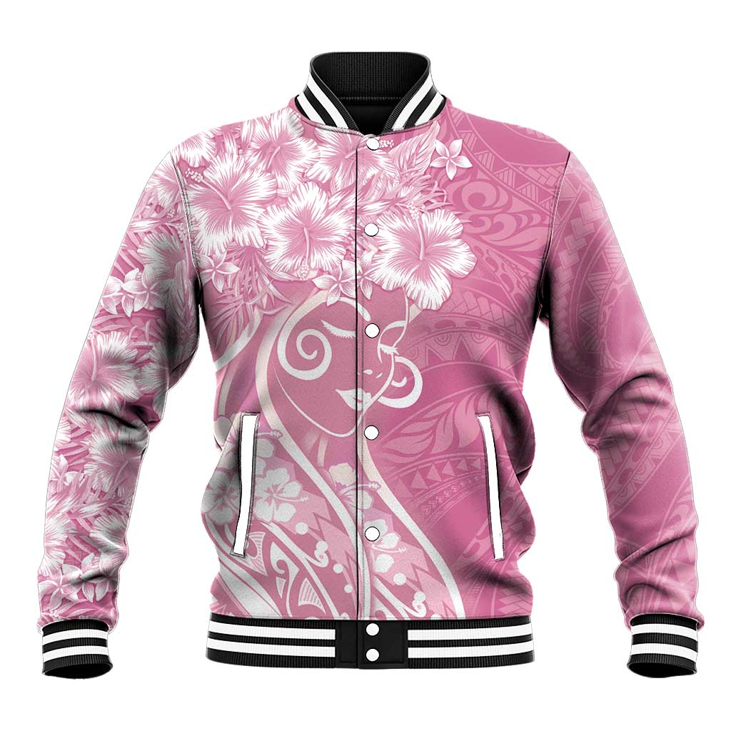Polynesian Women's Day Baseball Jacket Pink Hibiscus Flowers With Polynesian Pattern