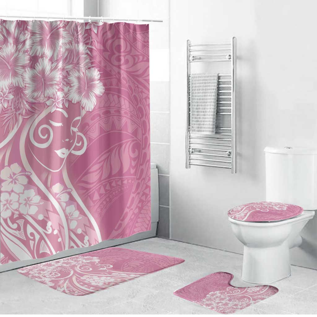 Polynesian Women's Day Bathroom Set Pink Hibiscus Flowers With Polynesian Pattern