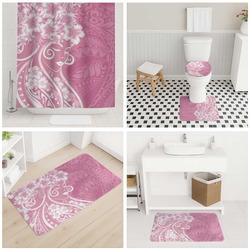 Polynesian Women's Day Bathroom Set Pink Hibiscus Flowers With Polynesian Pattern