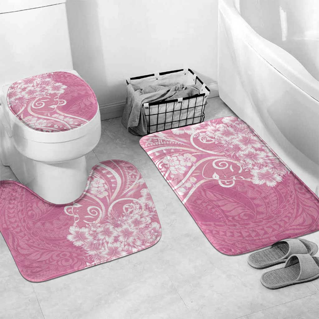 Polynesian Women's Day Bathroom Set Pink Hibiscus Flowers With Polynesian Pattern