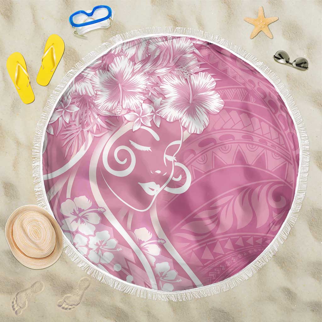 Polynesian Women's Day Beach Blanket Pink Hibiscus Flowers With Polynesian Pattern