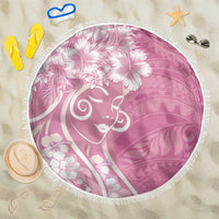 Polynesian Women's Day Beach Blanket Pink Hibiscus Flowers With Polynesian Pattern