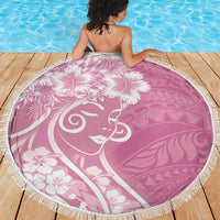 Polynesian Women's Day Beach Blanket Pink Hibiscus Flowers With Polynesian Pattern