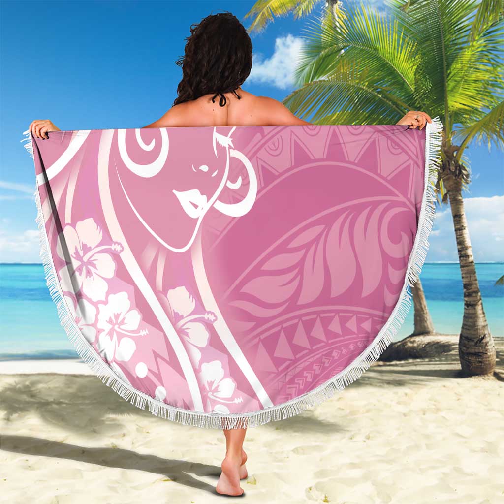 Polynesian Women's Day Beach Blanket Pink Hibiscus Flowers With Polynesian Pattern