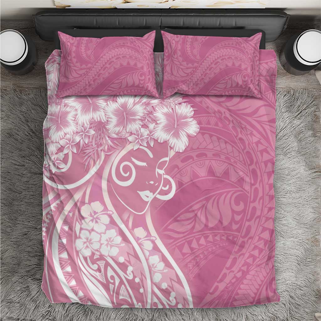 Polynesian Women's Day Bedding Set Pink Hibiscus Flowers With Polynesian Pattern