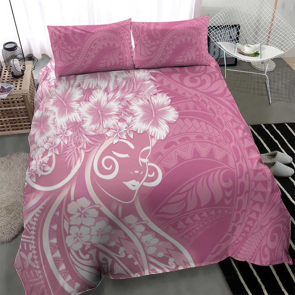 Polynesian Women's Day Bedding Set Pink Hibiscus Flowers With Polynesian Pattern