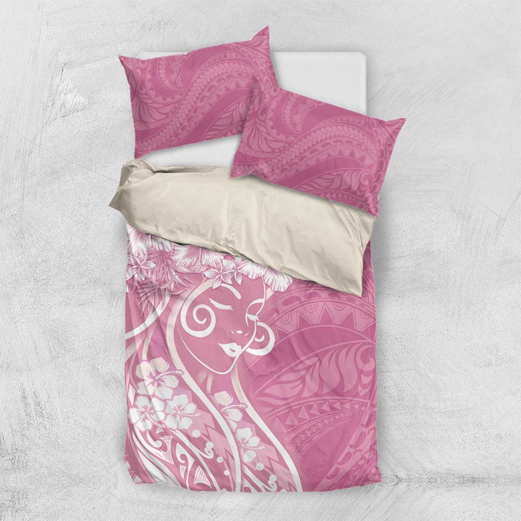 Polynesian Women's Day Bedding Set Pink Hibiscus Flowers With Polynesian Pattern
