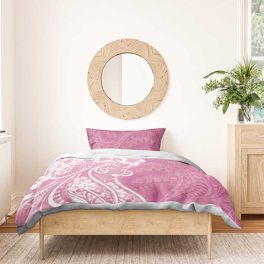 Polynesian Women's Day Bedding Set Pink Hibiscus Flowers With Polynesian Pattern