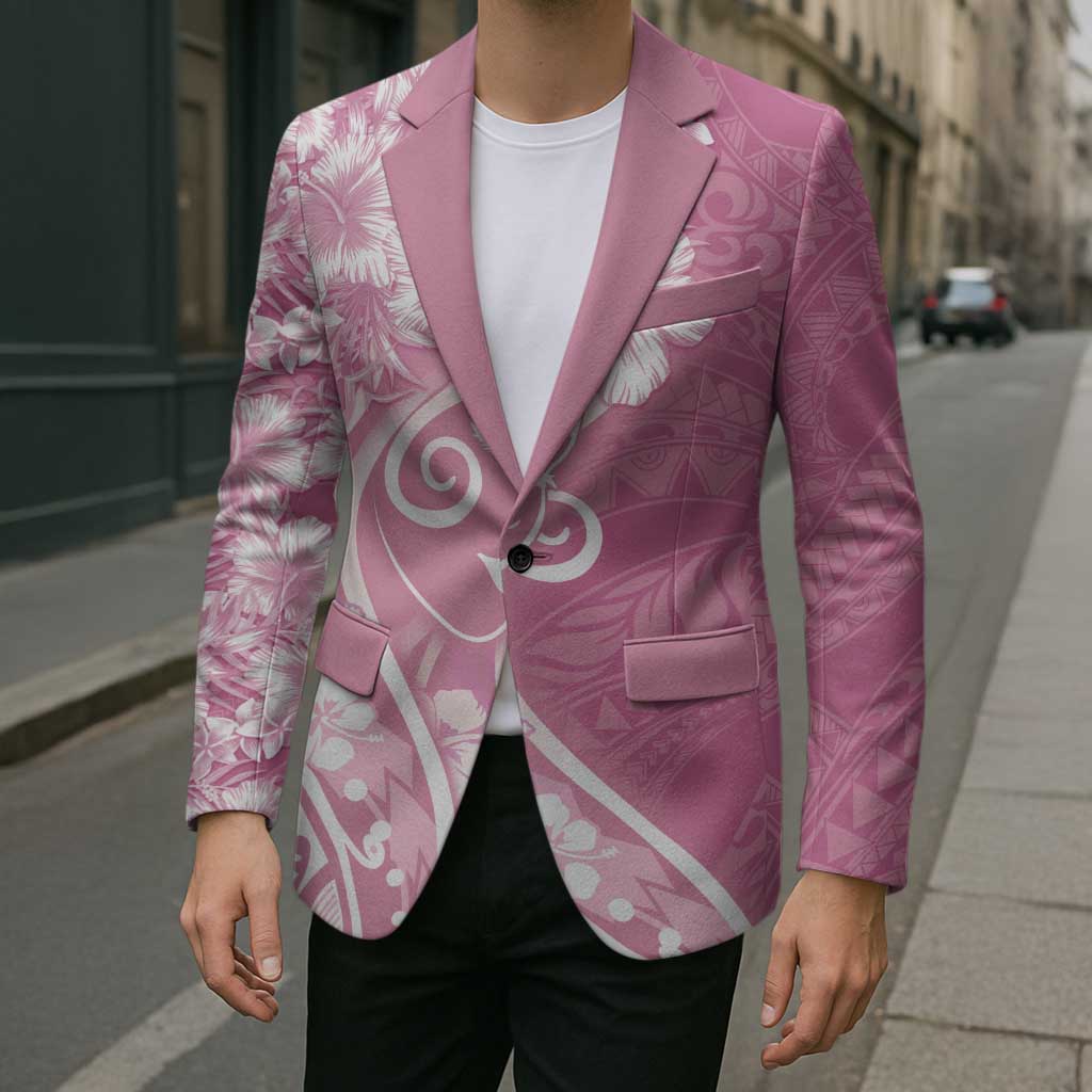 Polynesian Women's Day Blazer Pink Hibiscus Flowers With Polynesian Pattern