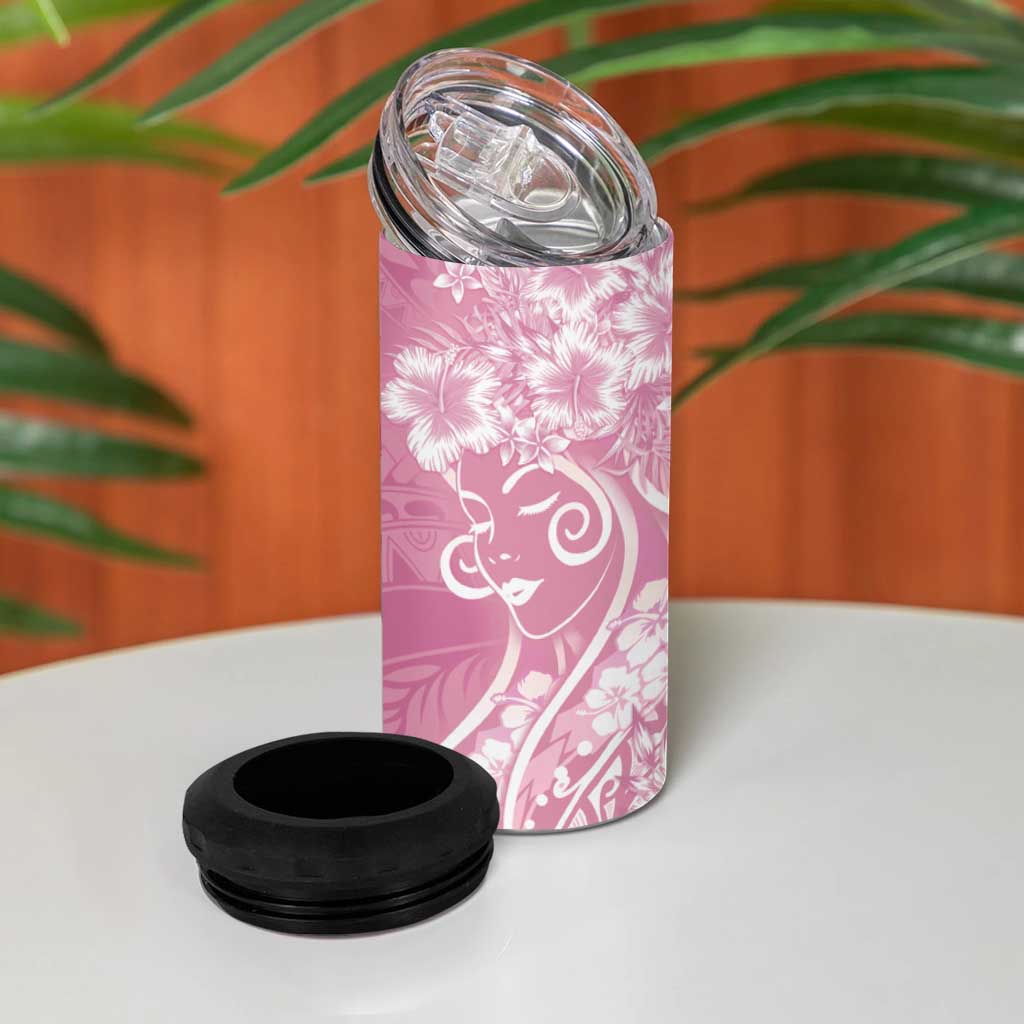 Polynesian Women's Day 4 in 1 Can Cooler Tumbler Pink Hibiscus Flowers With Polynesian Pattern LT05 - Polynesian Pride