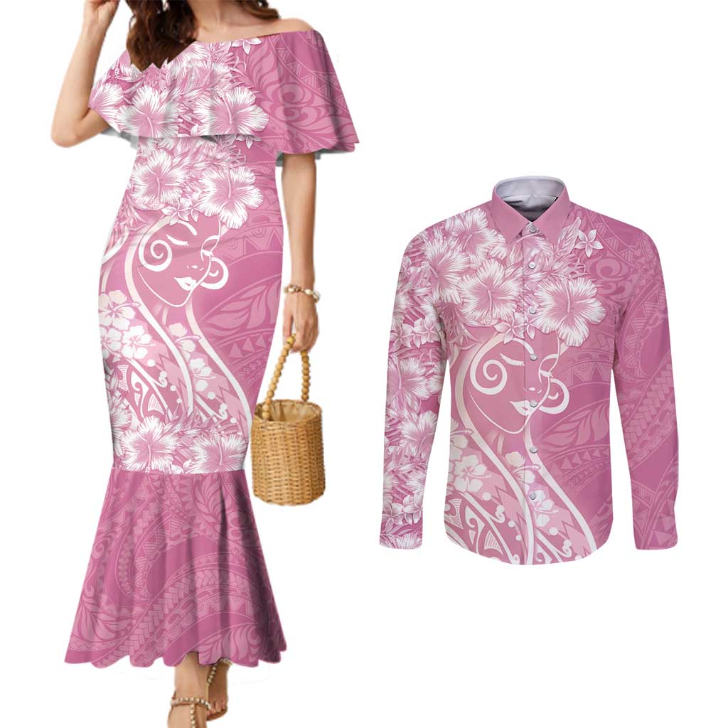 Polynesian Women's Day Couples Matching Mermaid Dress and Long Sleeve Button Shirt Pink Hibiscus Flowers With Polynesian Pattern LT05 Pink - Polynesian Pride