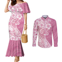Polynesian Women's Day Couples Matching Mermaid Dress and Long Sleeve Button Shirt Pink Hibiscus Flowers With Polynesian Pattern LT05 Pink - Polynesian Pride