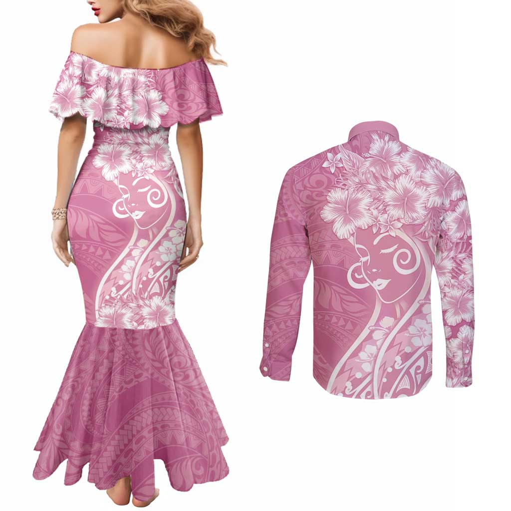 Polynesian Women's Day Couples Matching Mermaid Dress and Long Sleeve Button Shirt Pink Hibiscus Flowers With Polynesian Pattern LT05 - Polynesian Pride
