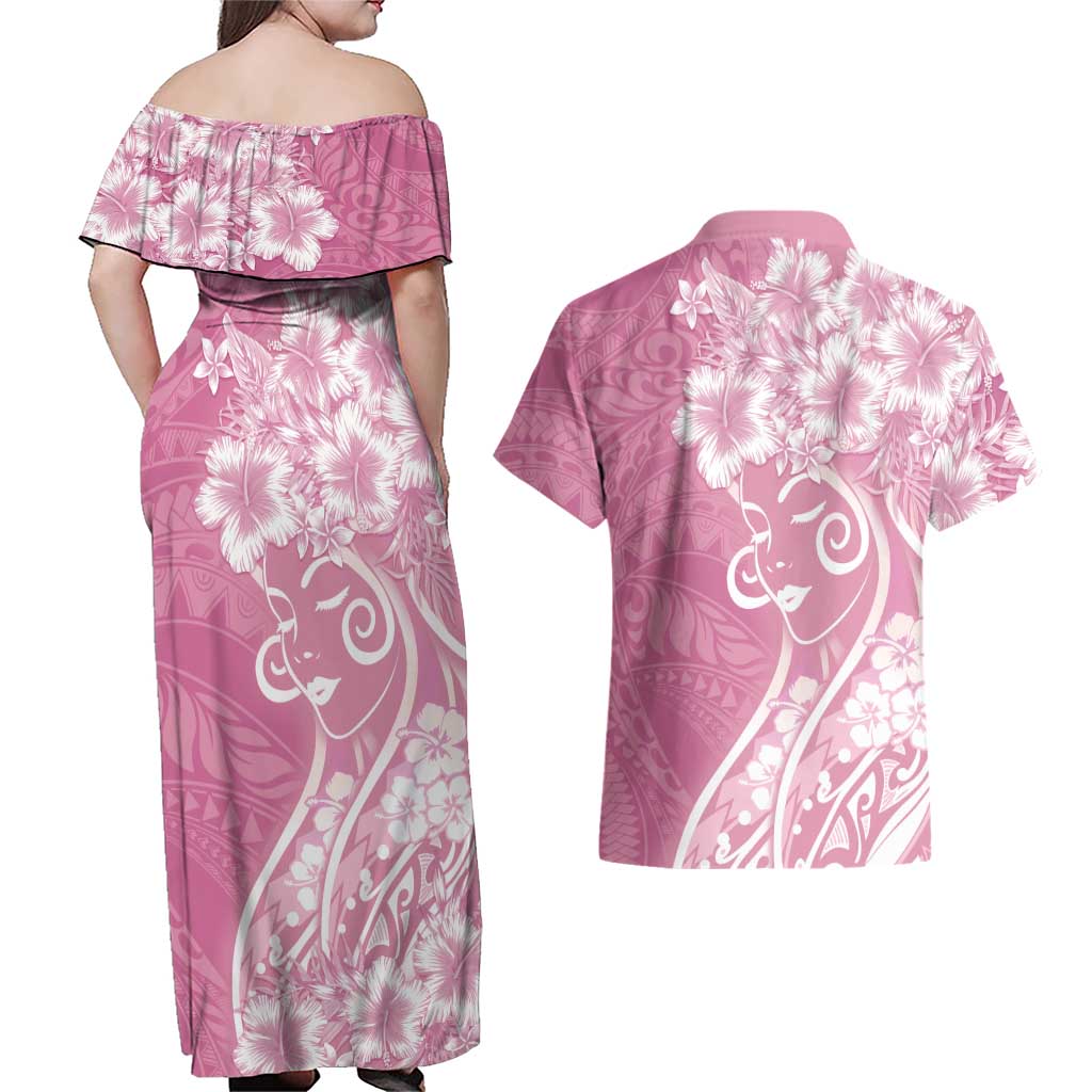Polynesian Women's Day Couples Matching Off Shoulder Maxi Dress and Hawaiian Shirt Pink Hibiscus Flowers With Polynesian Pattern LT05 - Polynesian Pride