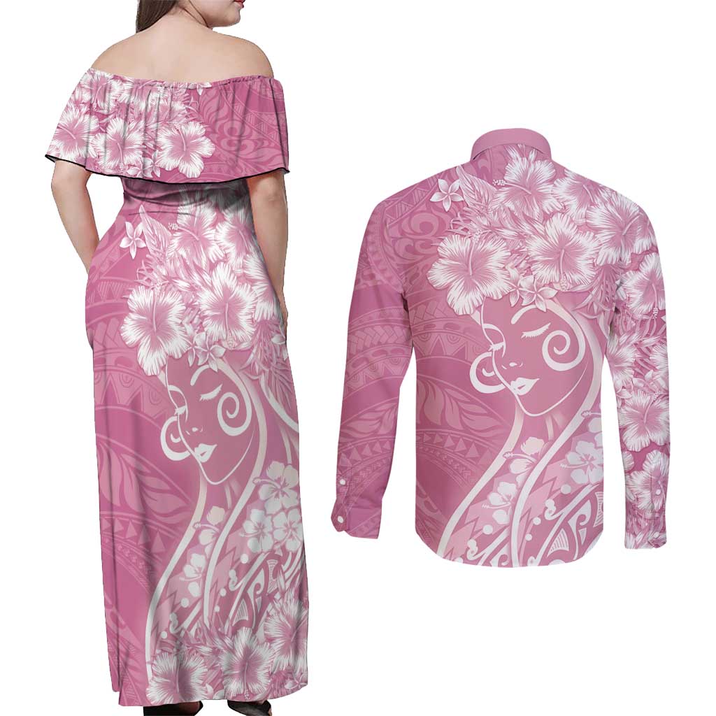 Polynesian Women's Day Couples Matching Off Shoulder Maxi Dress and Long Sleeve Button Shirt Pink Hibiscus Flowers With Polynesian Pattern