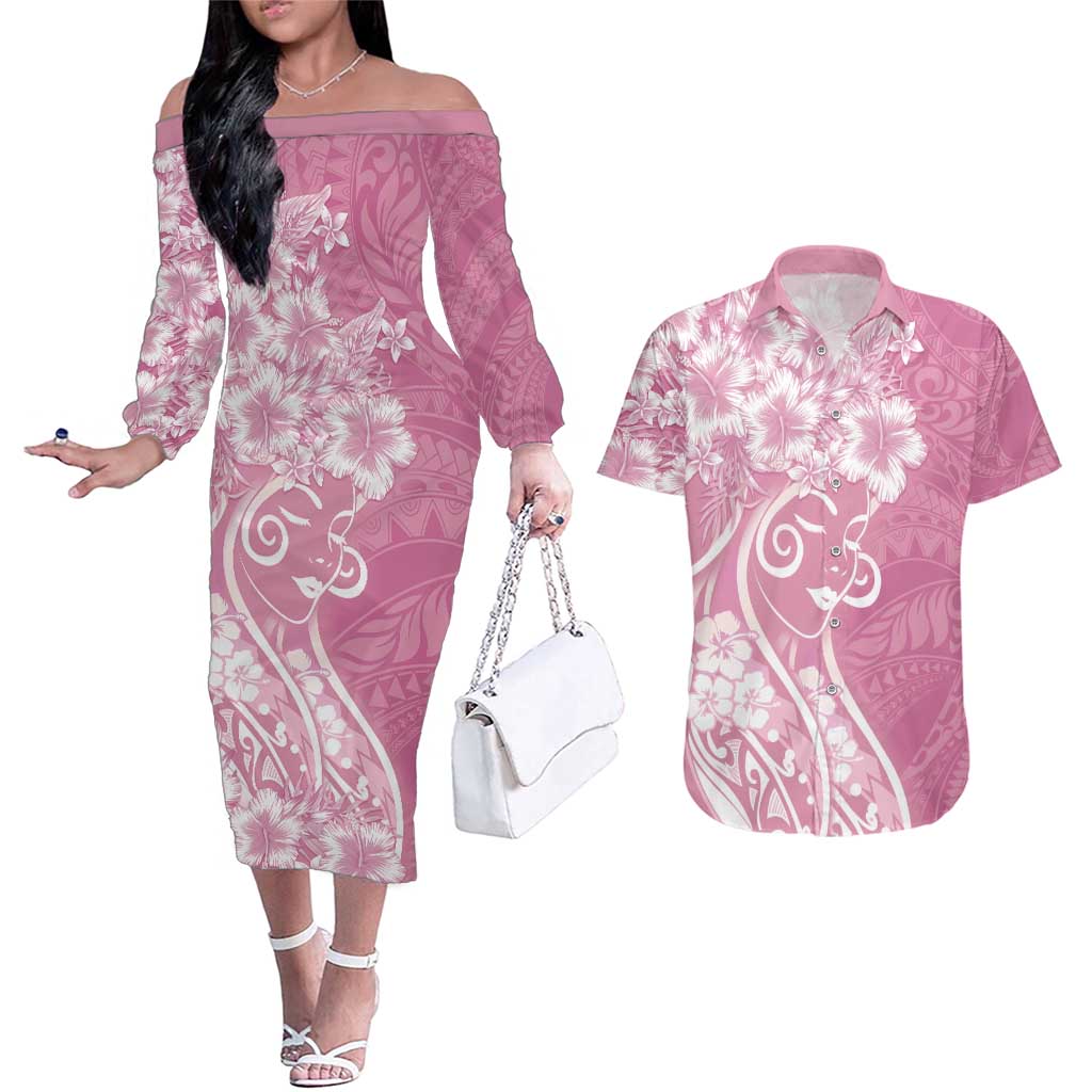 Polynesian Women's Day Couples Matching Off The Shoulder Long Sleeve Dress and Hawaiian Shirt Pink Hibiscus Flowers With Polynesian Pattern