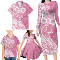 Polynesian Women's Day Family Matching Long Sleeve Bodycon Dress and Hawaiian Shirt Pink Hibiscus Flowers With Polynesian Pattern