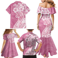 Polynesian Women's Day Family Matching Mermaid Dress and Hawaiian Shirt Pink Hibiscus Flowers With Polynesian Pattern