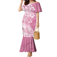 Polynesian Women's Day Family Matching Mermaid Dress and Hawaiian Shirt Pink Hibiscus Flowers With Polynesian Pattern