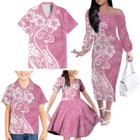 Polynesian Women's Day Family Matching Off The Shoulder Long Sleeve Dress and Hawaiian Shirt Pink Hibiscus Flowers With Polynesian Pattern