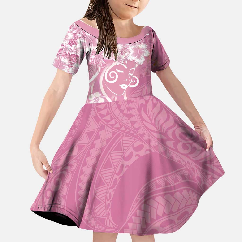 Polynesian Women's Day Family Matching Off Shoulder Maxi Dress and Hawaiian Shirt Pink Hibiscus Flowers With Polynesian Pattern LT05 Daughter's Dress Pink - Polynesian Pride