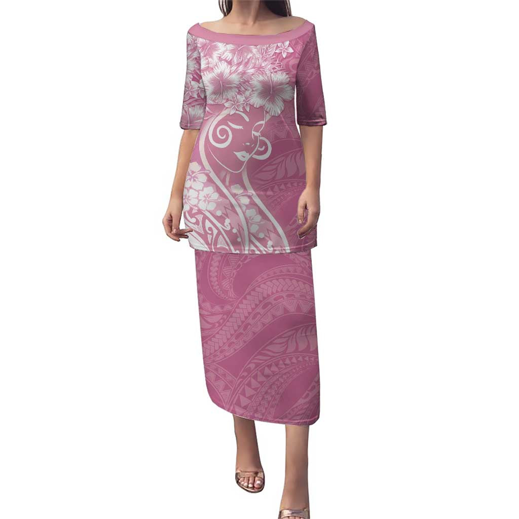 Polynesian Women's Day Family Matching Puletasi and Hawaiian Shirt Pink Hibiscus Flowers With Polynesian Pattern LT05 Mom's Dress Pink - Polynesian Pride