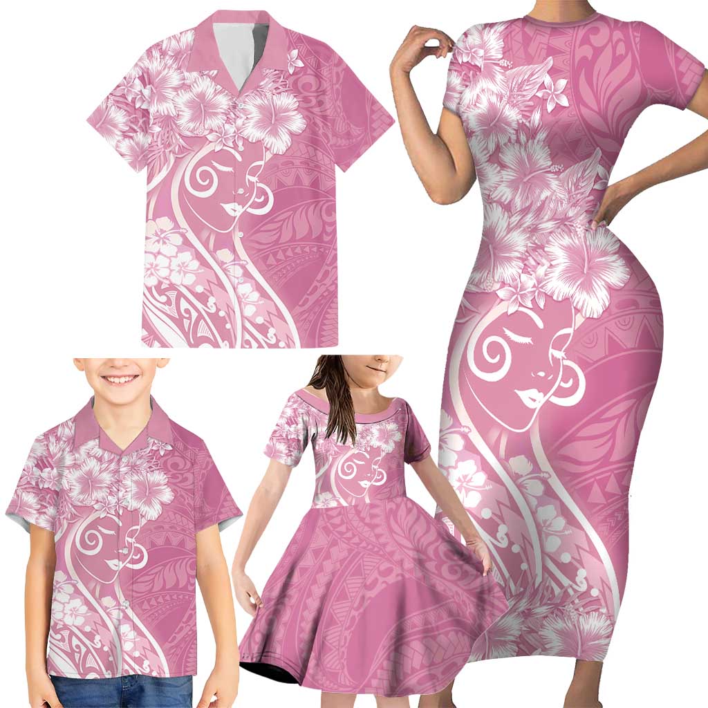 Polynesian Women's Day Family Matching Short Sleeve Bodycon Dress and Hawaiian Shirt Pink Hibiscus Flowers With Polynesian Pattern
