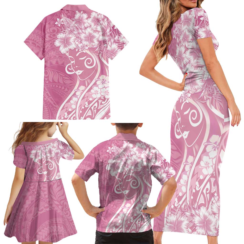 Polynesian Women's Day Family Matching Short Sleeve Bodycon Dress and Hawaiian Shirt Pink Hibiscus Flowers With Polynesian Pattern
