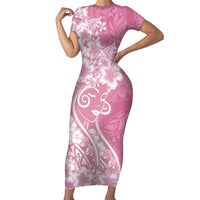 Polynesian Women's Day Family Matching Short Sleeve Bodycon Dress and Hawaiian Shirt Pink Hibiscus Flowers With Polynesian Pattern