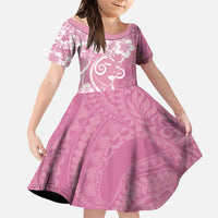 Polynesian Women's Day Family Matching Summer Maxi Dress and Hawaiian Shirt Pink Hibiscus Flowers With Polynesian Pattern LT05 Daughter's Dress Pink - Polynesian Pride