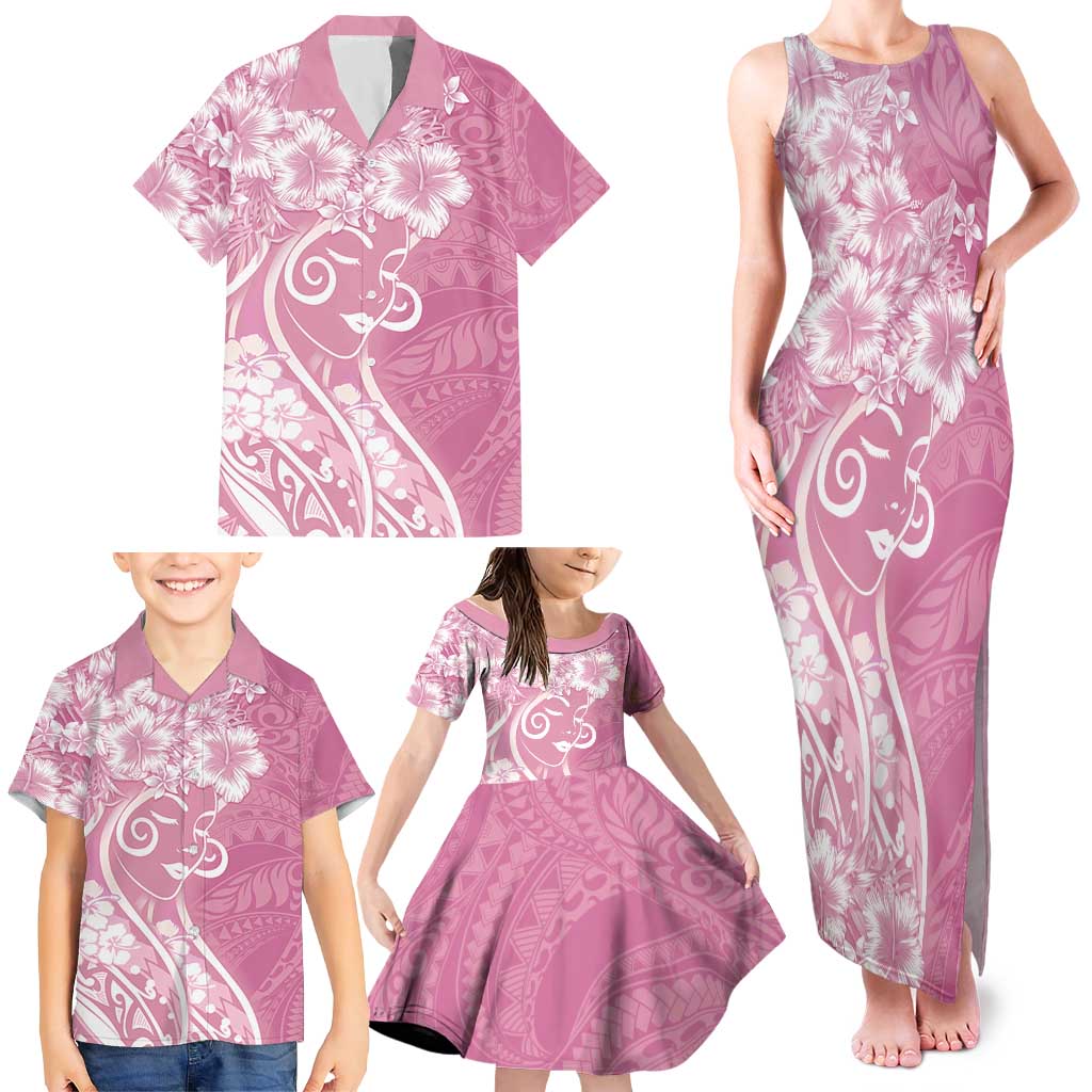 Polynesian Women's Day Family Matching Tank Maxi Dress and Hawaiian Shirt Pink Hibiscus Flowers With Polynesian Pattern