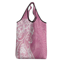 Polynesian Women's Day Grocery Bag Pink Hibiscus Flowers With Polynesian Pattern