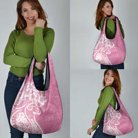 Polynesian Women's Day Grocery Bag Pink Hibiscus Flowers With Polynesian Pattern