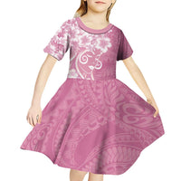 Polynesian Women's Day Kid Short Sleeve Dress Pink Hibiscus Flowers With Polynesian Pattern