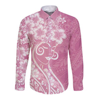 Polynesian Women's Day Long Sleeve Button Shirt Pink Hibiscus Flowers With Polynesian Pattern