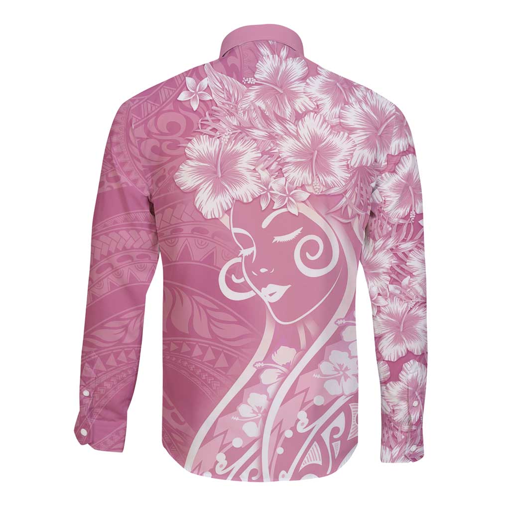 Polynesian Women's Day Long Sleeve Button Shirt Pink Hibiscus Flowers With Polynesian Pattern