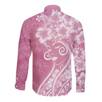 Polynesian Women's Day Long Sleeve Button Shirt Pink Hibiscus Flowers With Polynesian Pattern