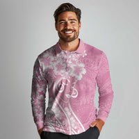 Polynesian Women's Day Long Sleeve Polo Shirt Pink Hibiscus Flowers With Polynesian Pattern LT05 - Polynesian Pride