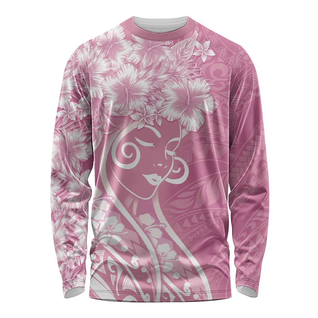 Polynesian Women's Day Long Sleeve Shirt Pink Hibiscus Flowers With Polynesian Pattern