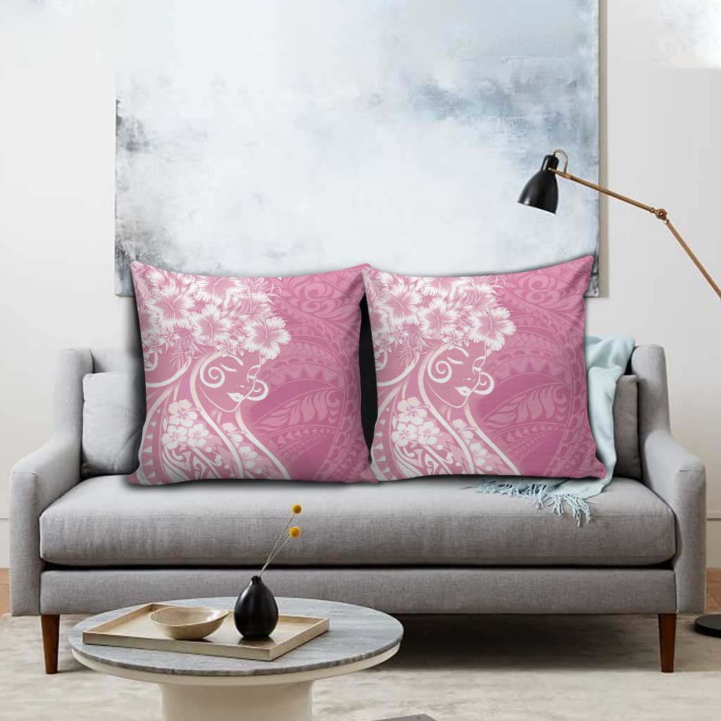 Polynesian Women's Day Pillow Cover Pink Hibiscus Flowers With Polynesian Pattern