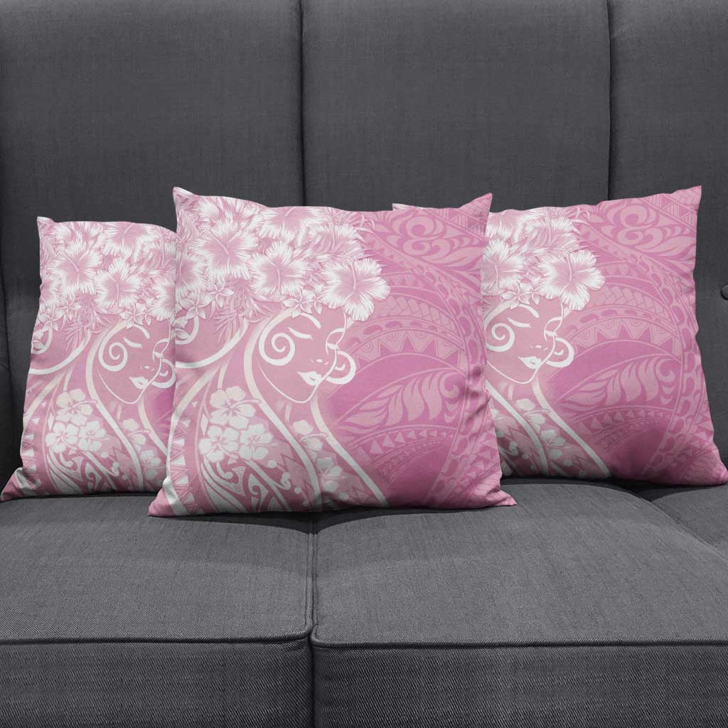 Polynesian Women's Day Pillow Cover Pink Hibiscus Flowers With Polynesian Pattern