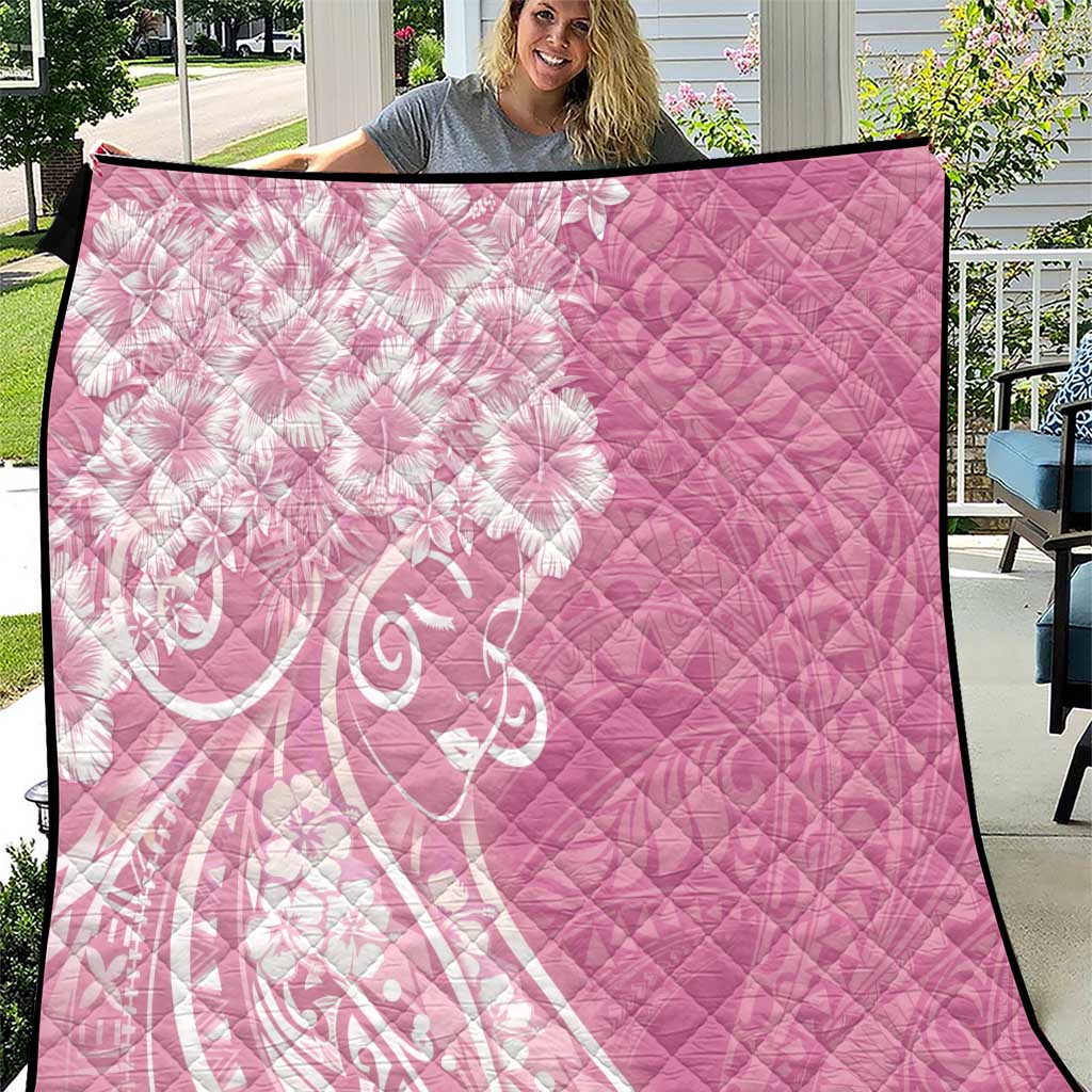 Polynesian Women's Day Quilt Pink Hibiscus Flowers With Polynesian Pattern