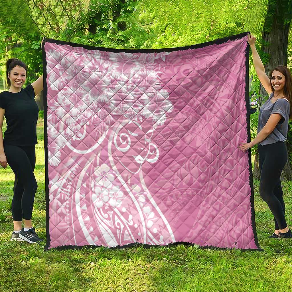 Polynesian Women's Day Quilt Pink Hibiscus Flowers With Polynesian Pattern