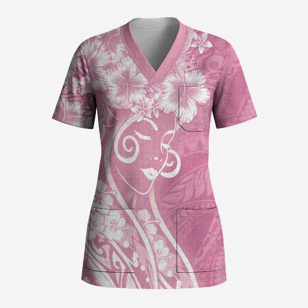 Polynesian Women's Day Scrub Top Pink Hibiscus Flowers With Polynesian Pattern
