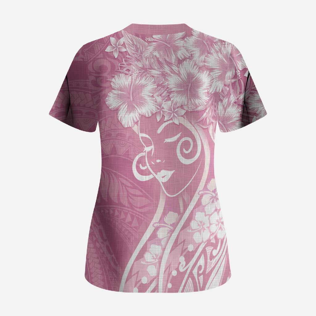 Polynesian Women's Day Scrub Top Pink Hibiscus Flowers With Polynesian Pattern